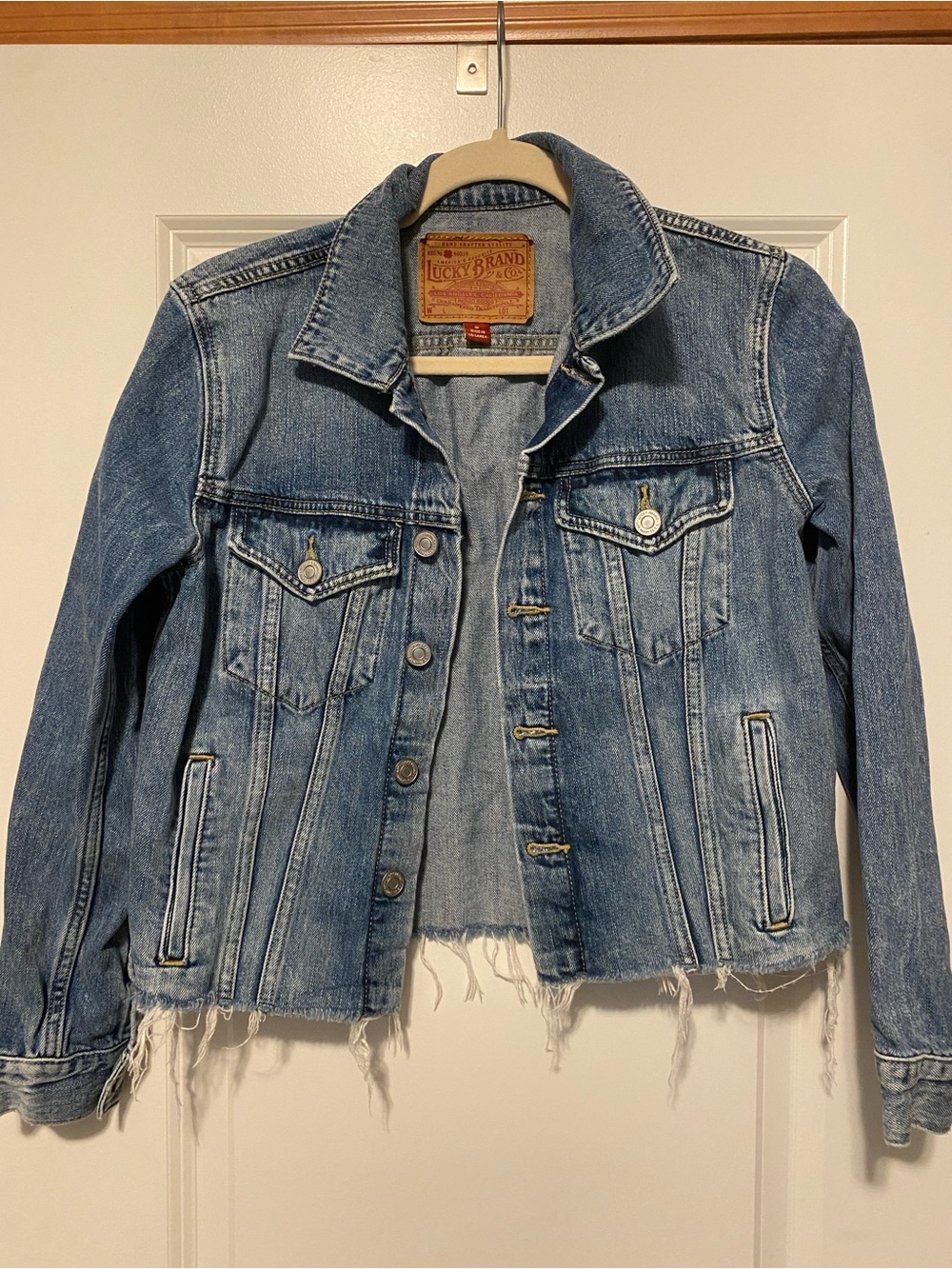 Lucky Brand Blue Denim Jacket with Red Tag and Tan Leather Patch